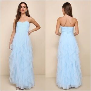LULU’S Delightful Beauty Blue Mesh Strapless Ruched Ruffled Maxi Dress